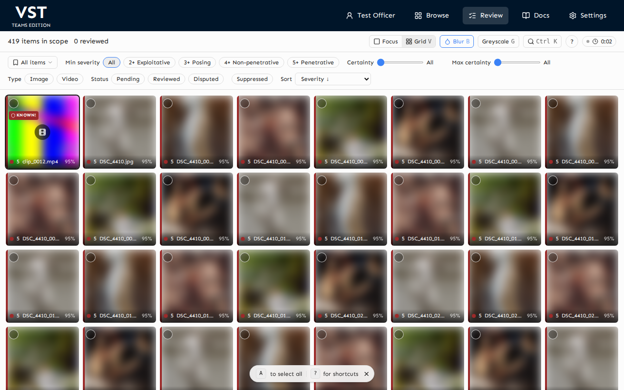 The VST Teams review screen: a seized device's media sorted by severity, every item blurred by default